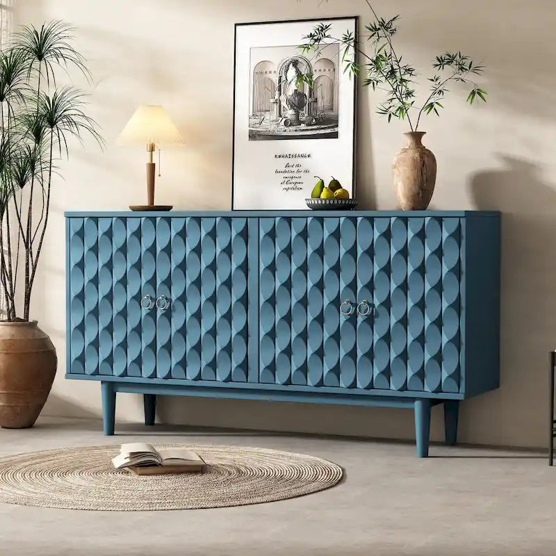 Modern 4-Door Sideboard with Convex Pattern Doors & Silver Handles