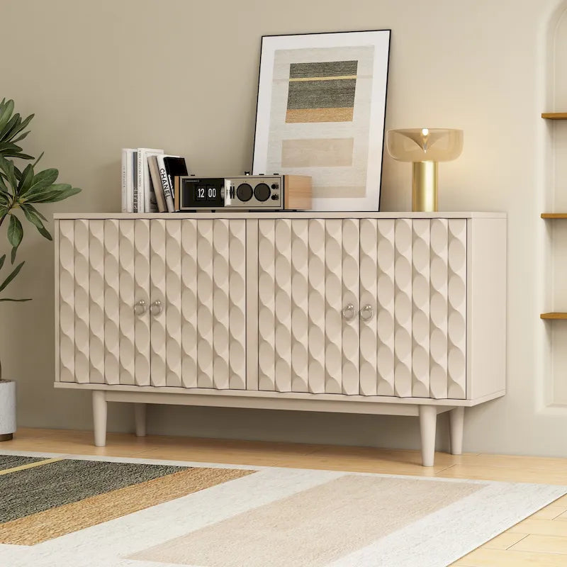 Modern 4-Door Sideboard with Convex Pattern Doors & Silver Handles