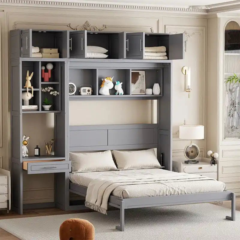 Murphy Bed with Desk, Storage Shelves & Top Cabinet, Space Saving Wall Bed