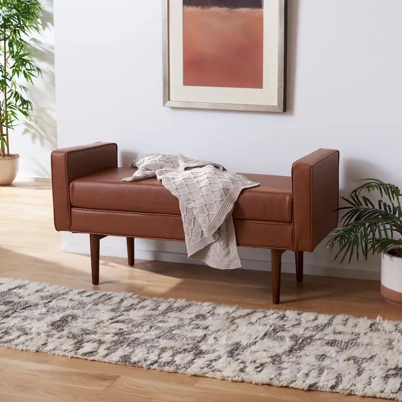 Mid-Century Modern Upholstered Bench with Armrests 25 Inch Height