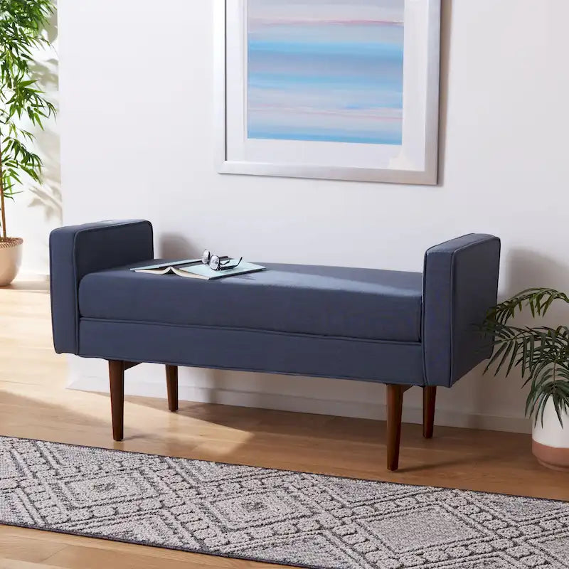 Mid-Century Modern Upholstered Bench with Armrests 25 Inch Height