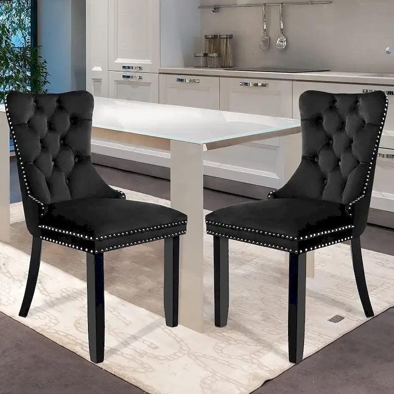 Velvet Dining Chairs Set of 2, Upholstered Tufted Dining Room Chair with Nailhead Trim Solid Wood Legs