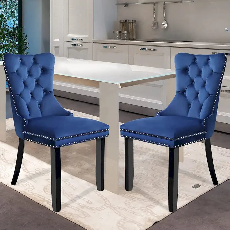 Velvet Dining Chairs Set of 2, Upholstered Tufted Dining Room Chair with Nailhead Trim Solid Wood Legs