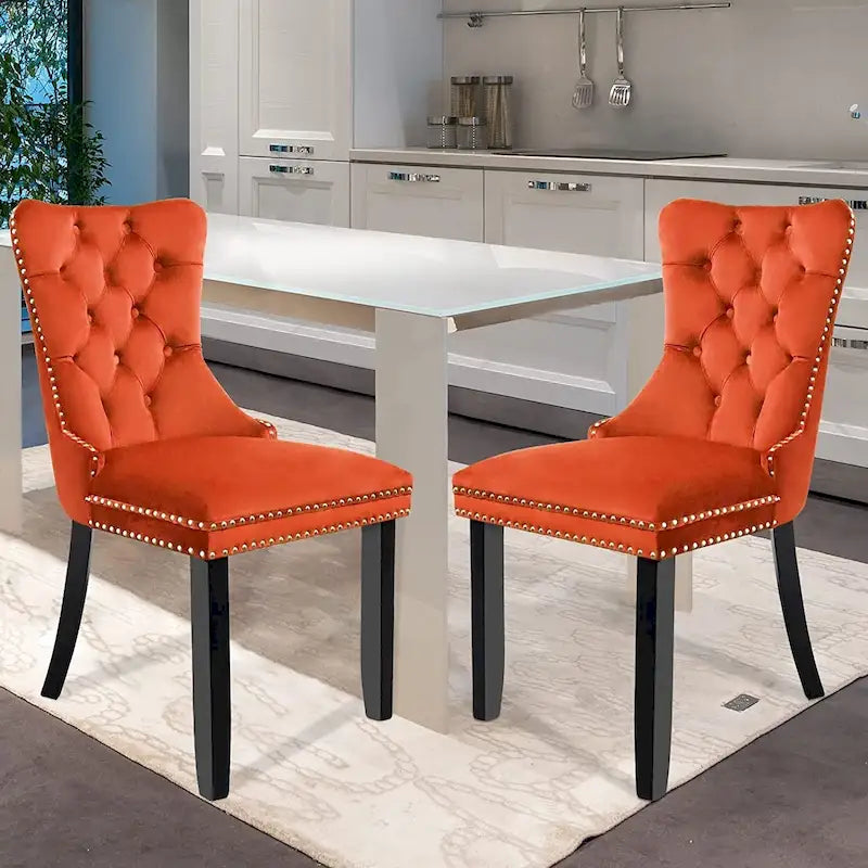 Velvet Dining Chairs Set of 2, Upholstered Tufted Dining Room Chair with Nailhead Trim Solid Wood Legs