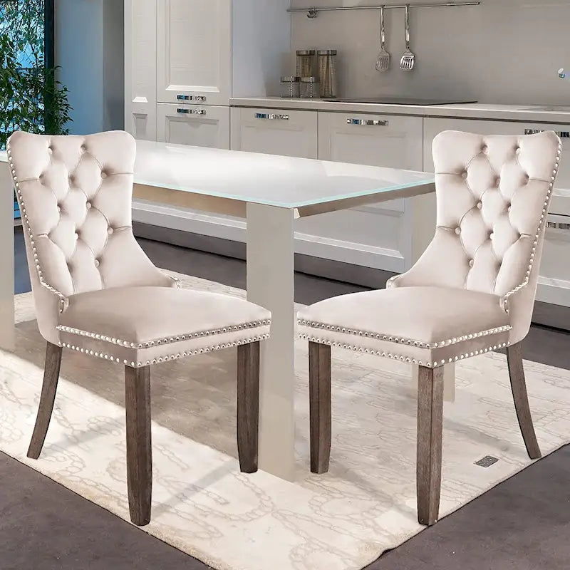 Velvet Dining Chairs Set of 2, Upholstered Tufted Dining Room Chair with Nailhead Trim Solid Wood Legs