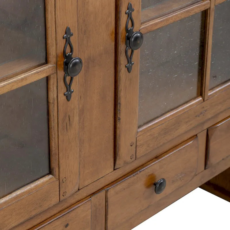 Rustic Oak Finish Buffet and Hutch with Glass Door Storage Cabinet