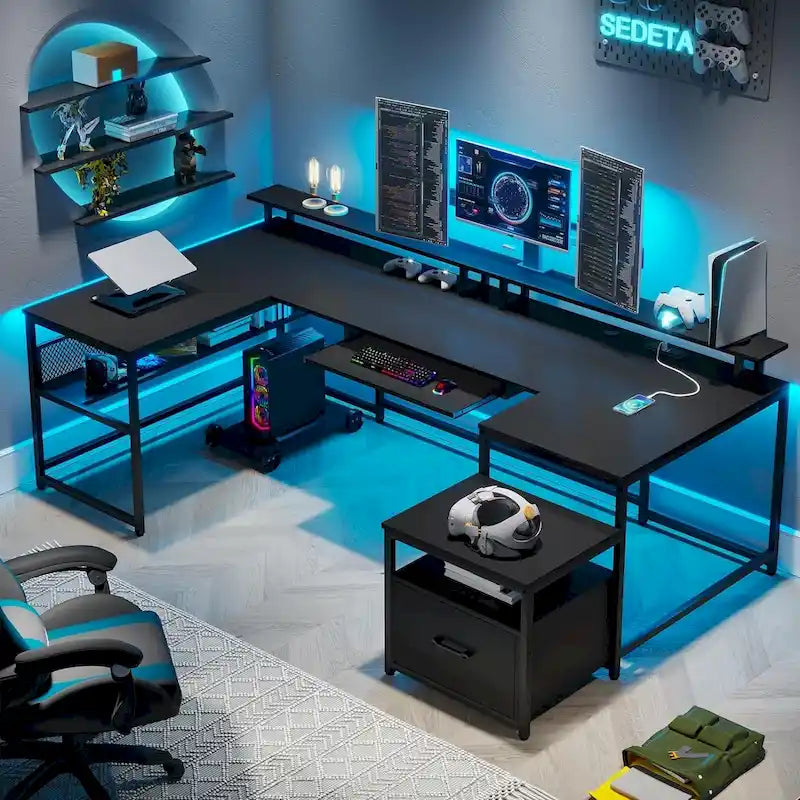 U-Shaped Computer Desk with File Drawer and Power Outlet Gaming Desk