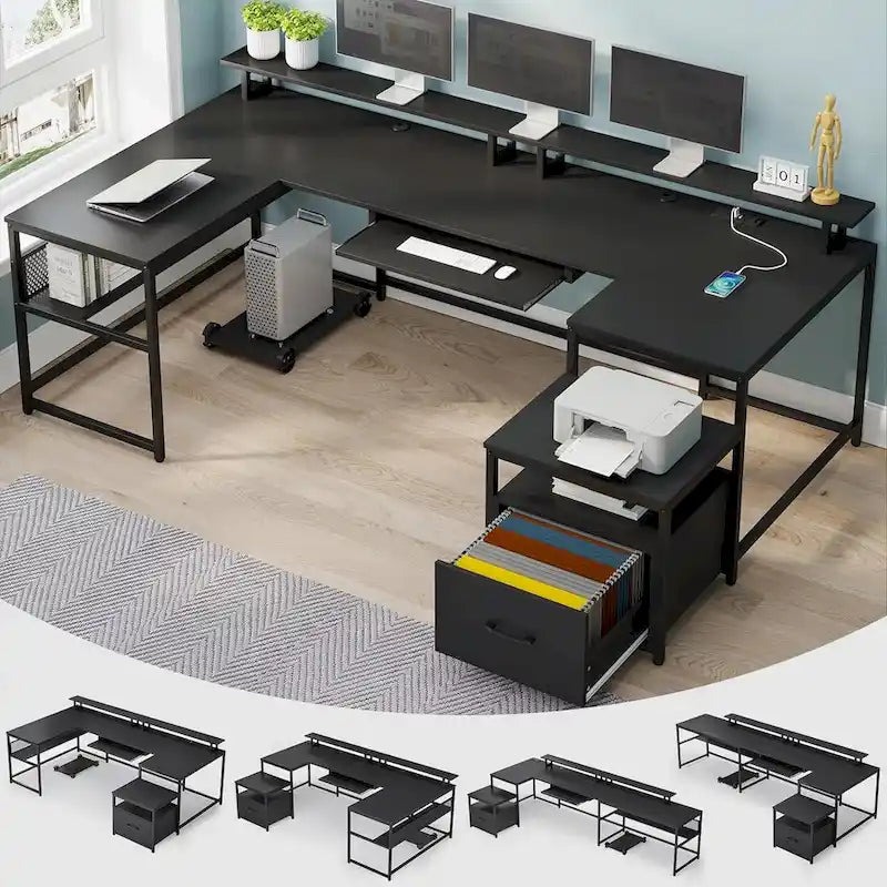 U-Shaped Computer Desk with File Drawer and Power Outlet Gaming Desk