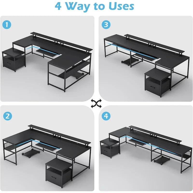 U-Shaped Computer Desk with File Drawer and Power Outlet Gaming Desk