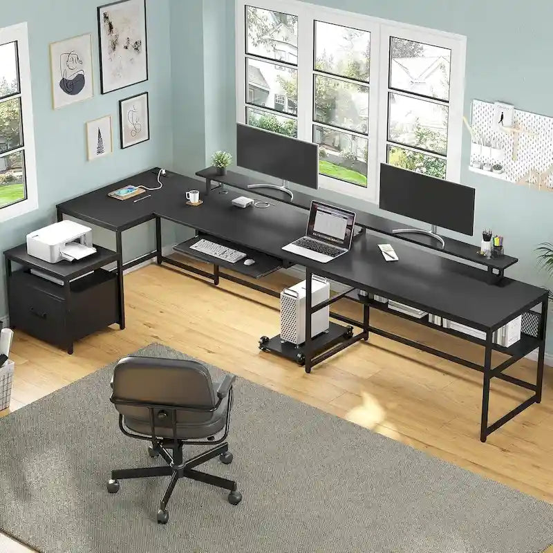 U-Shaped Computer Desk with File Drawer and Power Outlet Gaming Desk