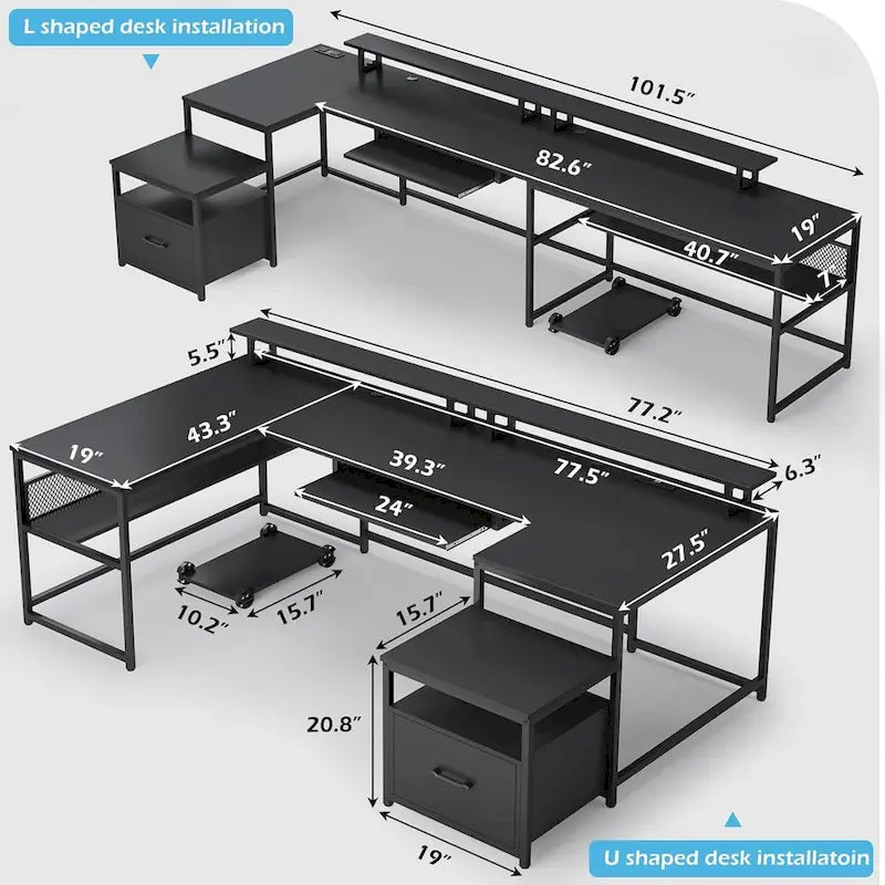 U-Shaped Computer Desk with File Drawer and Power Outlet Gaming Desk