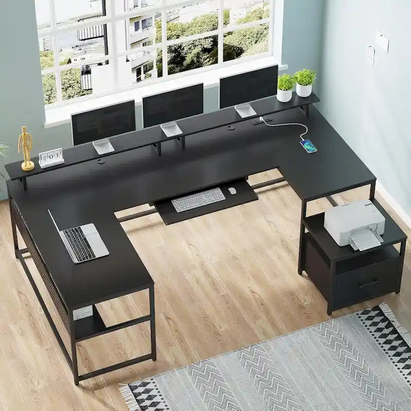 U-Shaped Computer Desk with File Drawer and Power Outlet Gaming Desk