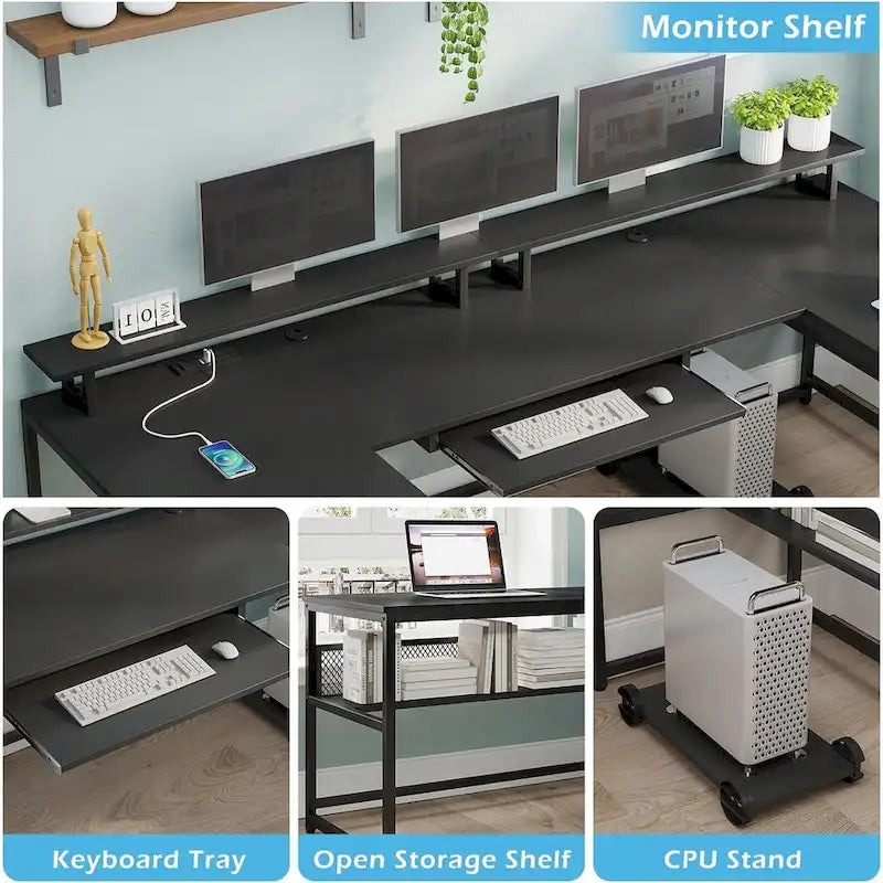 U-Shaped Computer Desk with File Drawer and Power Outlet Gaming Desk