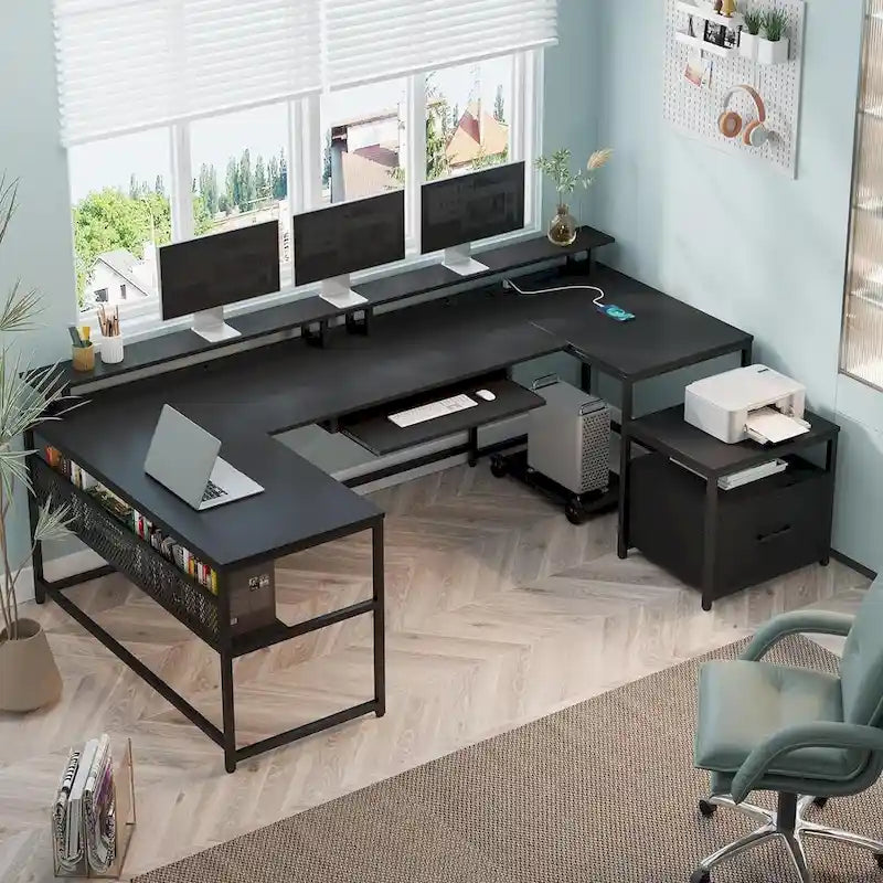 U-Shaped Computer Desk with File Drawer and Power Outlet Gaming Desk