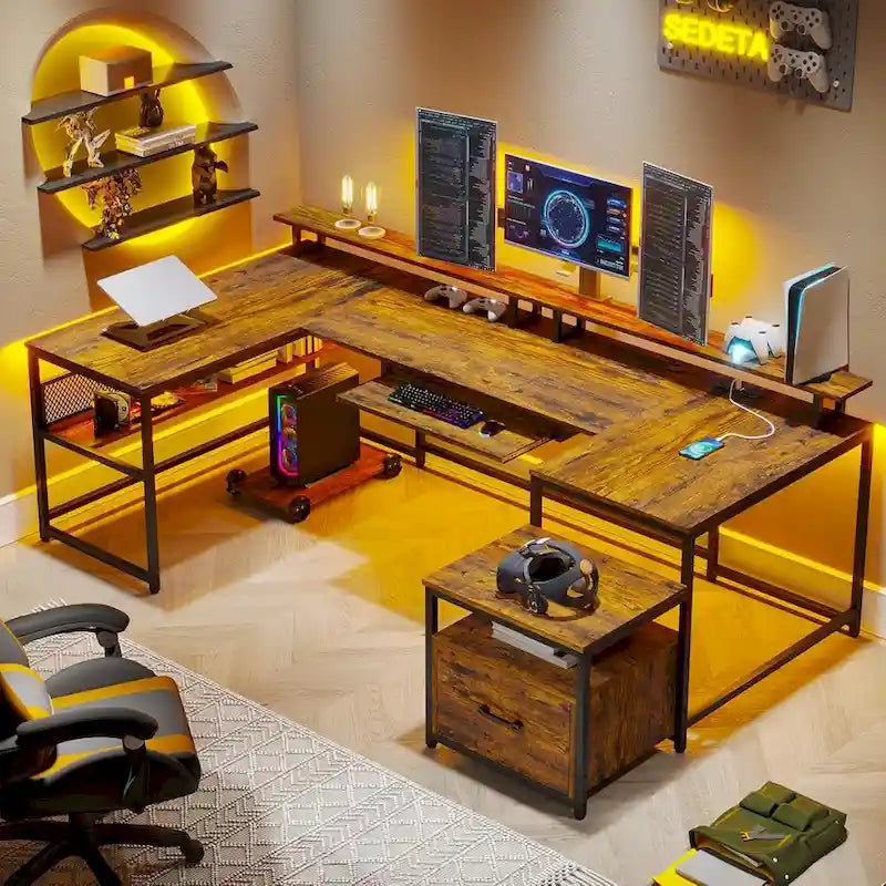 U-Shaped Computer Desk with File Drawer and Power Outlet Gaming Desk