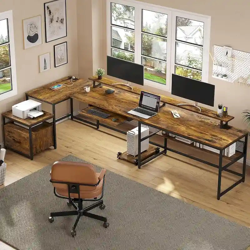 U-Shaped Computer Desk with File Drawer and Power Outlet Gaming Desk