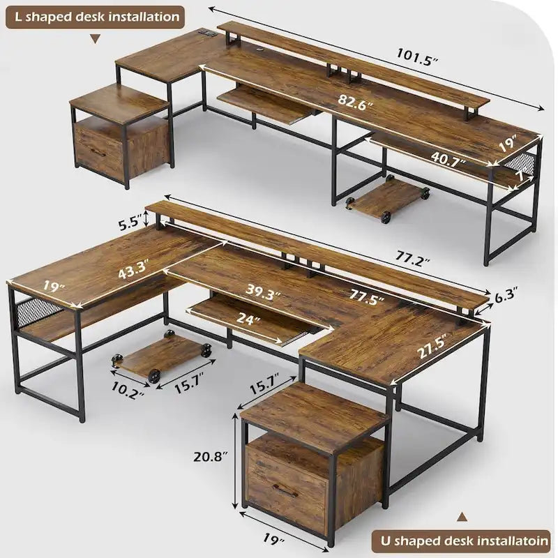 U-Shaped Computer Desk with File Drawer and Power Outlet Gaming Desk