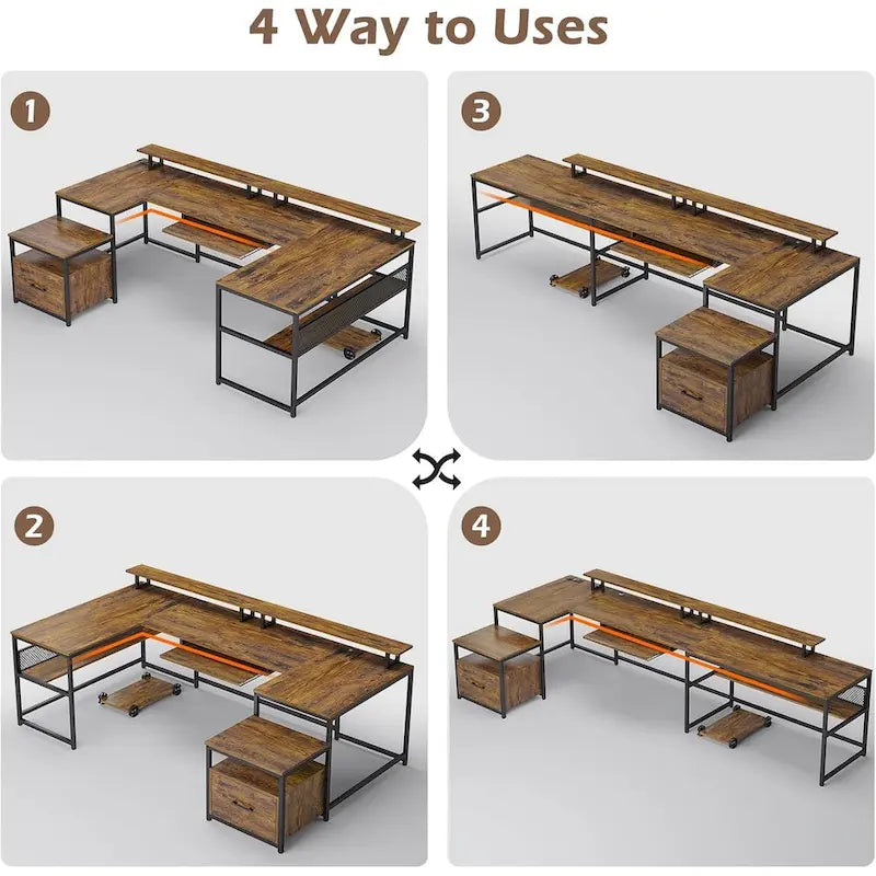 U-Shaped Computer Desk with File Drawer and Power Outlet Gaming Desk