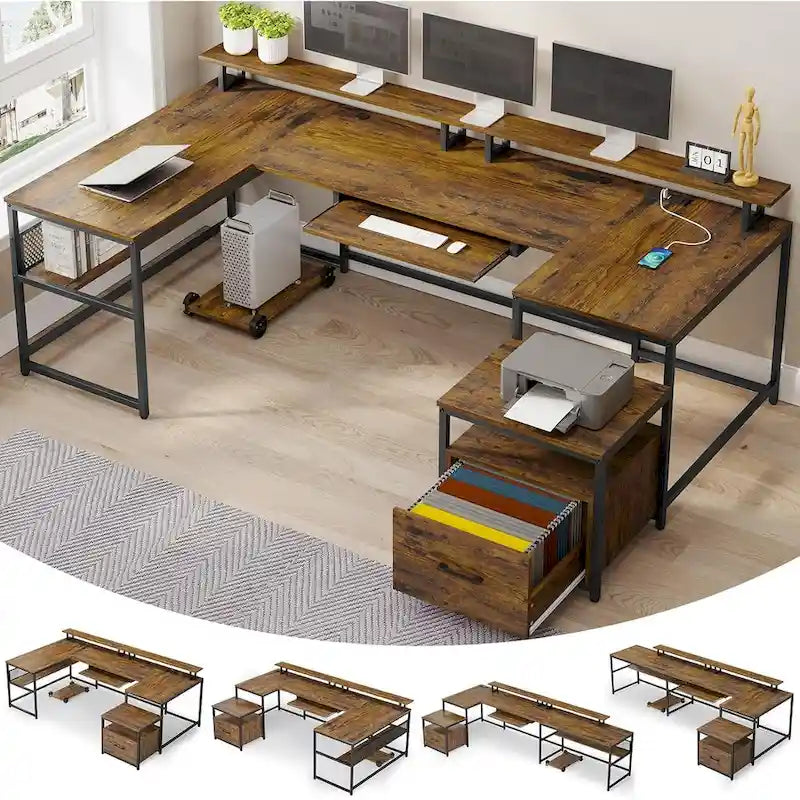 U-Shaped Computer Desk with File Drawer and Power Outlet Gaming Desk