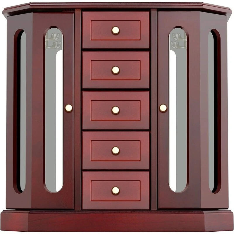 Large Wooden Jewelry Box with Mirror Hooks and Velvet Drawers
