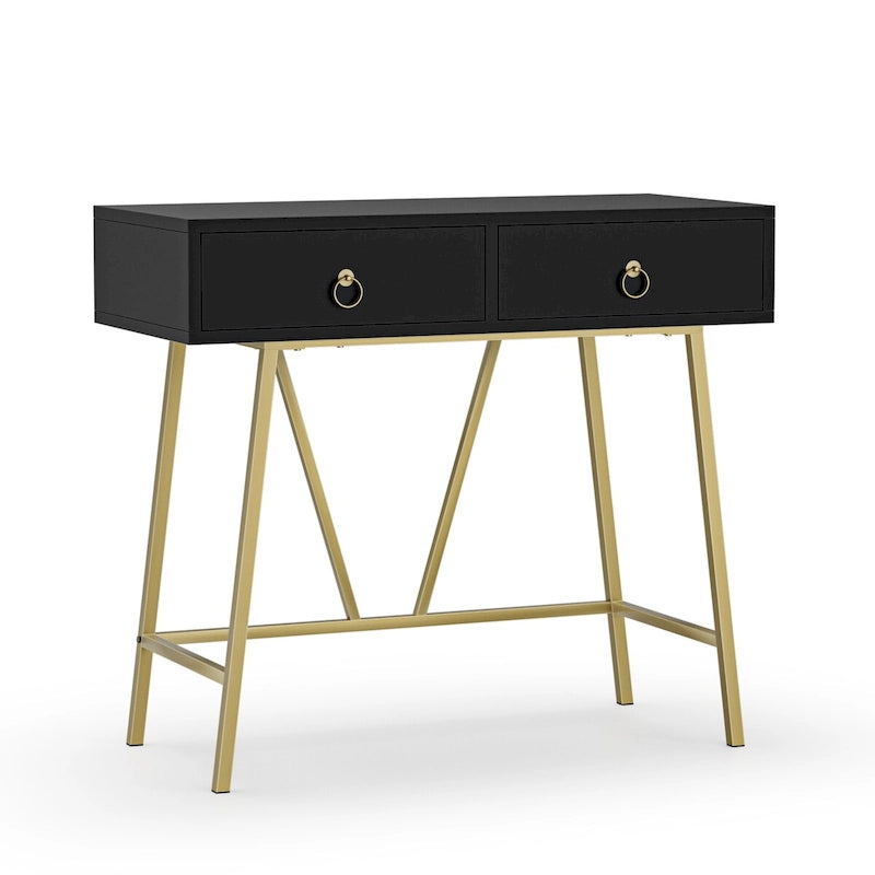 Modern Home Office Desk Makeup Vanity Table with 2 Drawers and Golden Legs