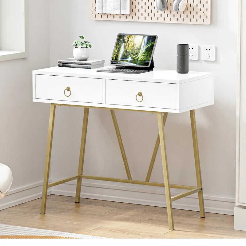 Modern Home Office Desk Makeup Vanity Table with 2 Drawers and Golden Legs