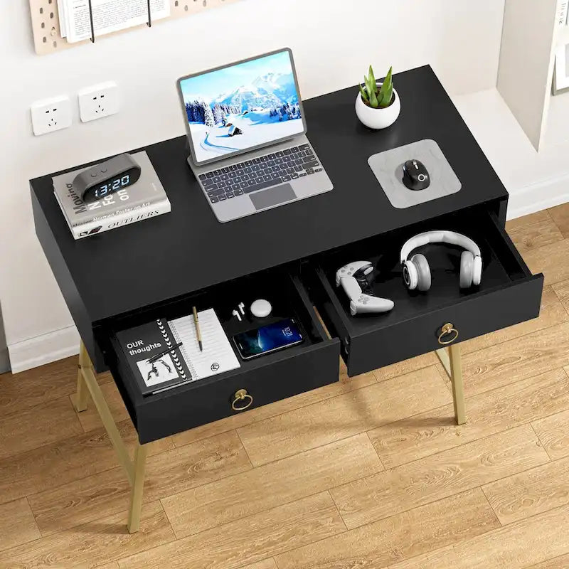 Modern Home Office Desk Makeup Vanity Table with 2 Drawers and Golden Legs