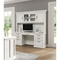 Modern Wood Hutch With Doors and Desk Storage, White Office Credenza with Shaker Doors and Bead Board Panels