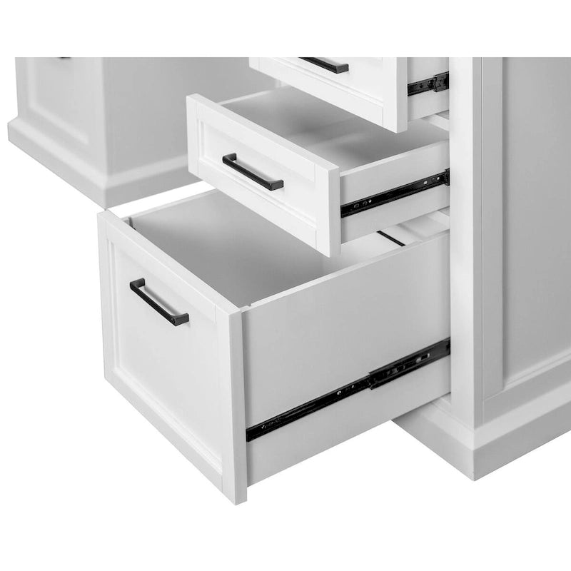 Modern Wood Hutch With Doors and Desk Storage, White Office Credenza with Shaker Doors and Bead Board Panels