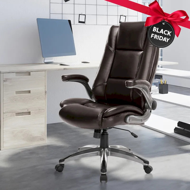 High Back Bonded Leather Executive Office Chair with Flip-Up Arms