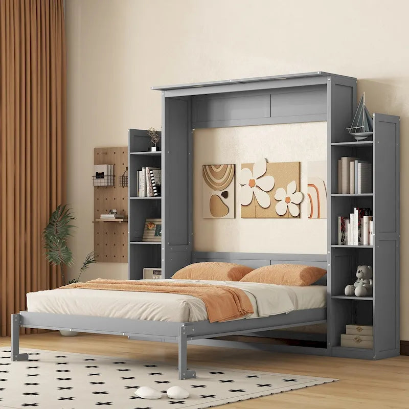 Queen Size Murphy Wall Bed with Shelves and LED Lights